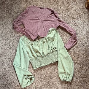 SHEIN Mauve Waffle Knit Twist-Front Top & Sage Green Smocked Crop Duo